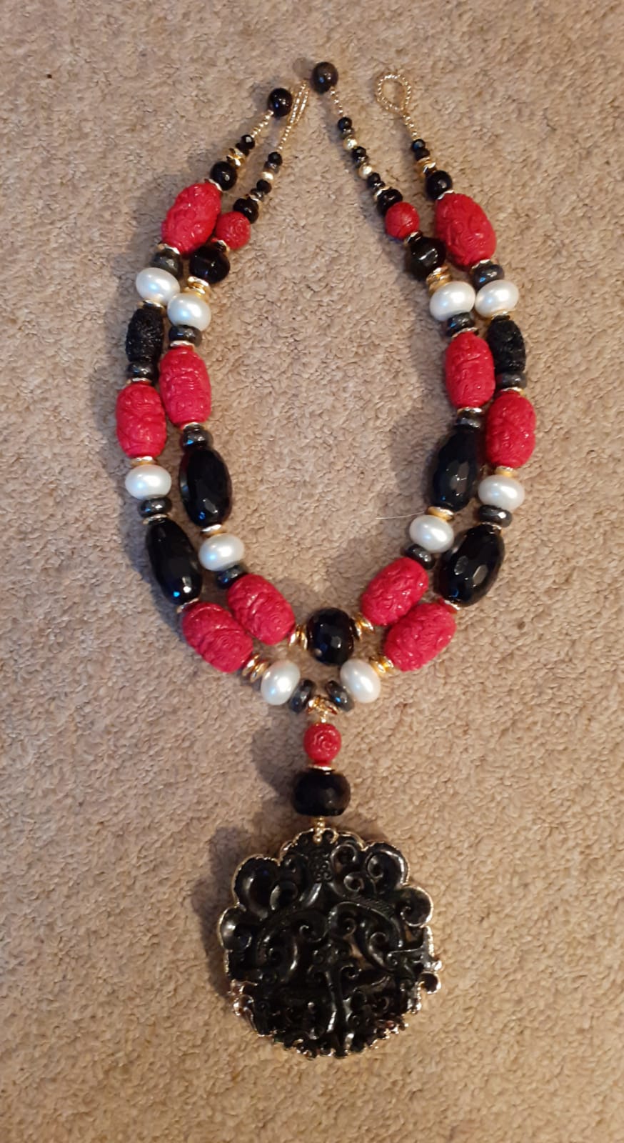 Red Coral, Freshwater Pearls and Black Agate